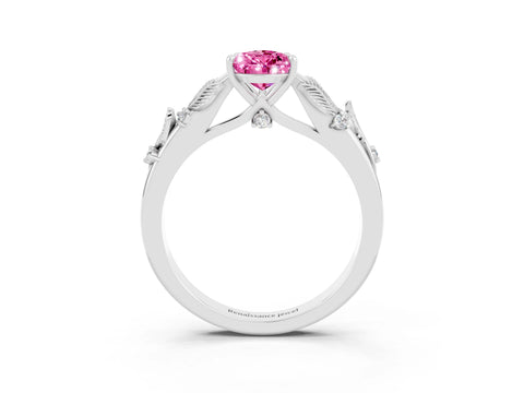 White gold Pear Cut Pink Sapphire Solitaire Ring with Leaf Motif Band and Four-Prong Setting_15