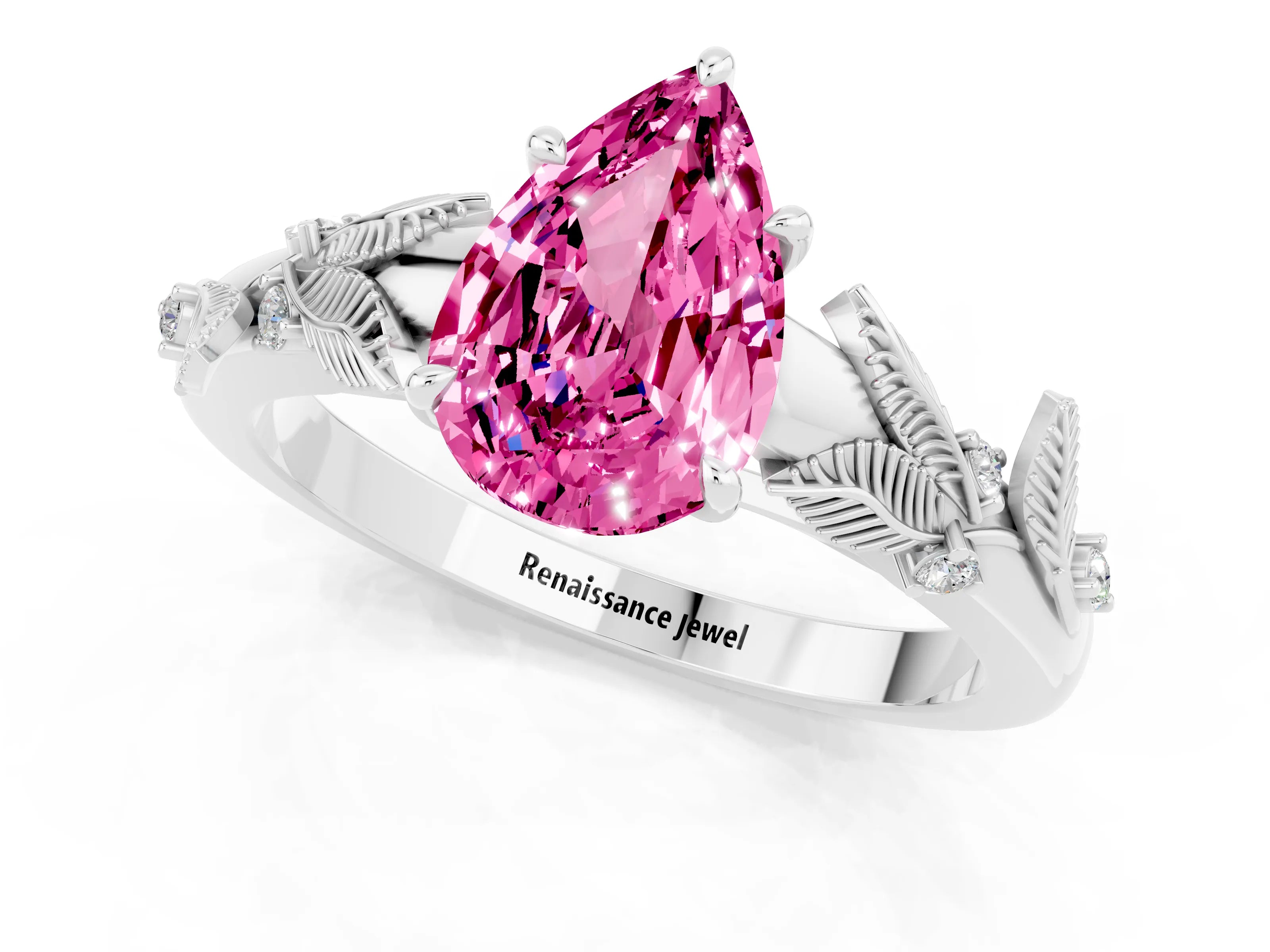 White gold Pear Cut Pink Sapphire Solitaire Ring with Leaf Motif Band and Four-Prong Setting_1