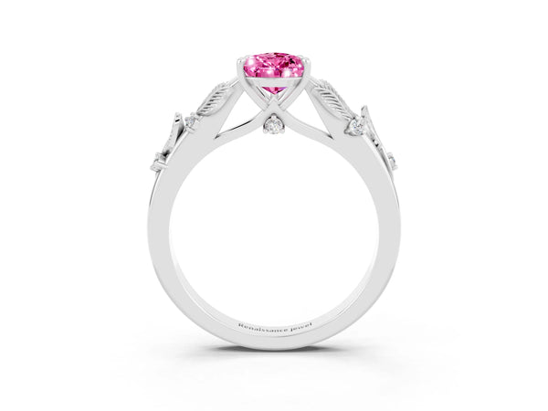 Silver Pear Cut Pink Sapphire Solitaire Ring with Leaf Motif Band and Four-Prong Setting