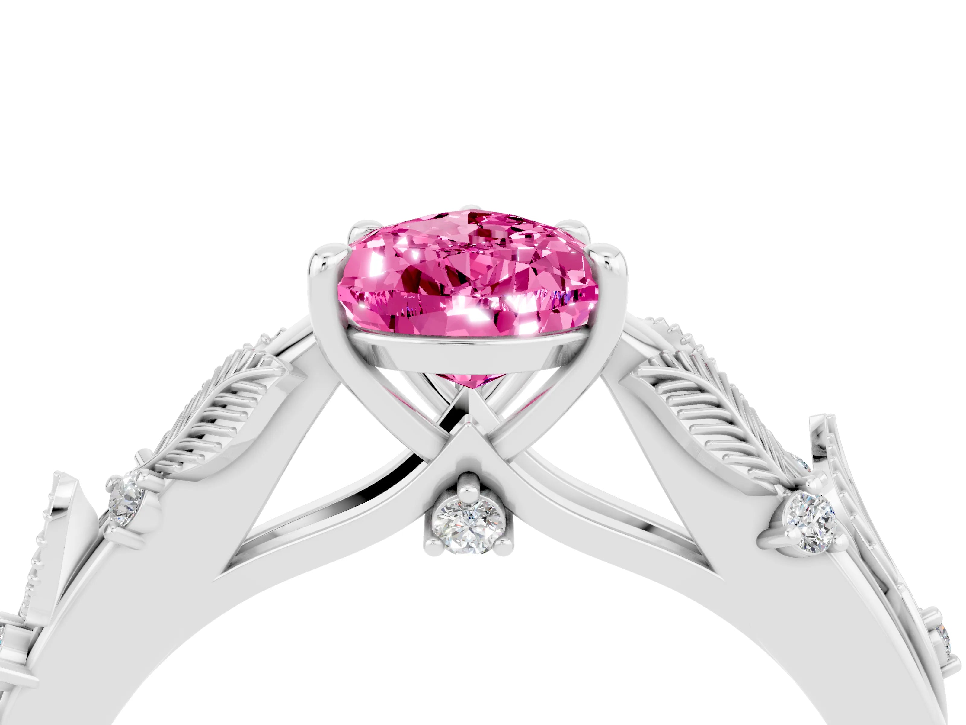 White gold Pear Cut Pink Sapphire Solitaire Ring with Leaf Motif Band and Four-Prong Setting_4