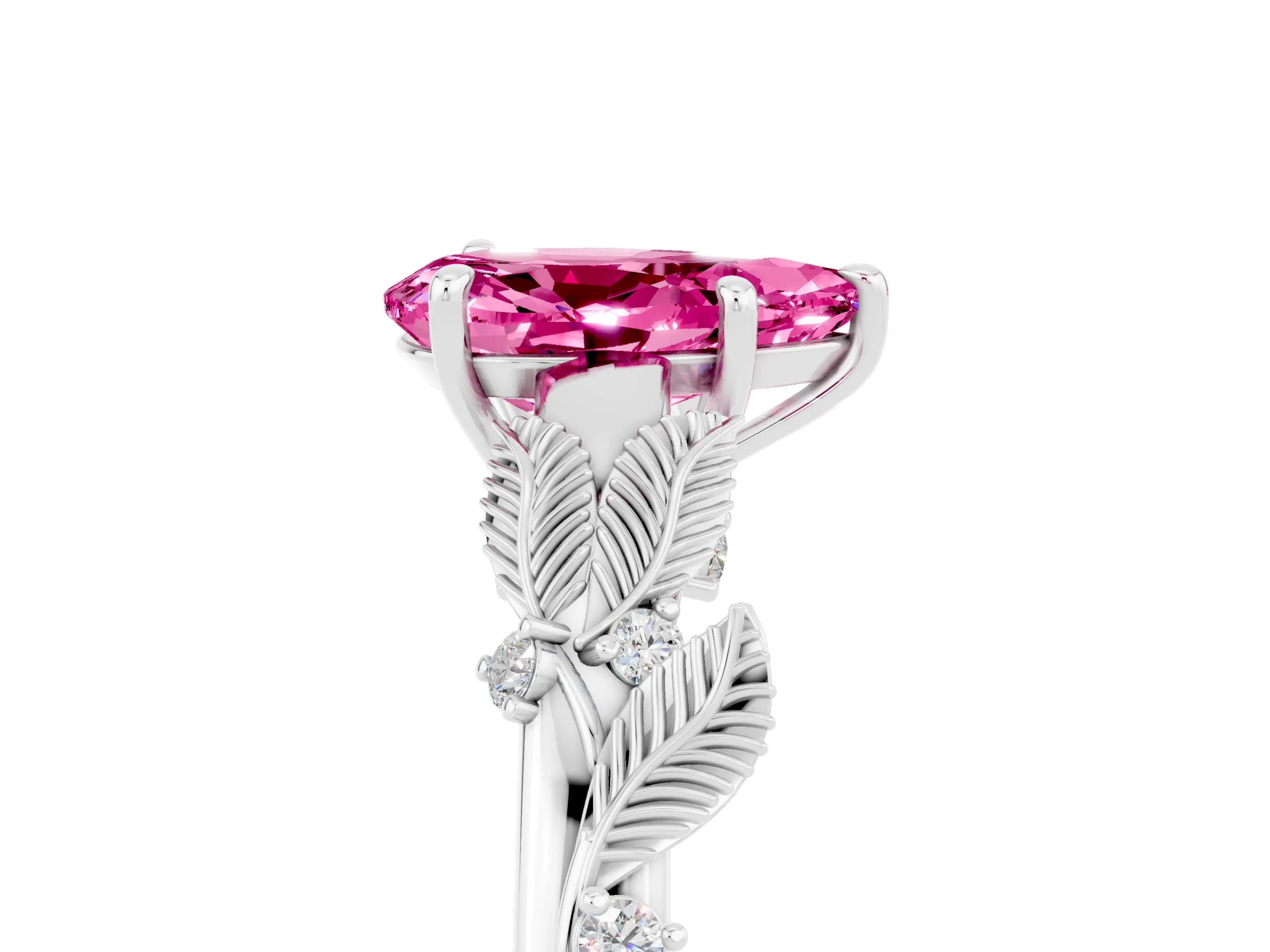 White gold Pear Cut Pink Sapphire Solitaire Ring with Leaf Motif Band and Four-Prong Setting_5