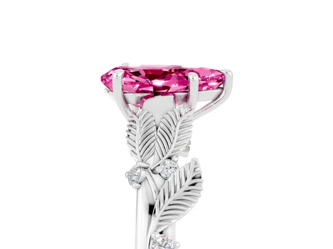 White gold Pear Cut Pink Sapphire Solitaire Ring with Leaf Motif Band and Four-Prong Setting_5