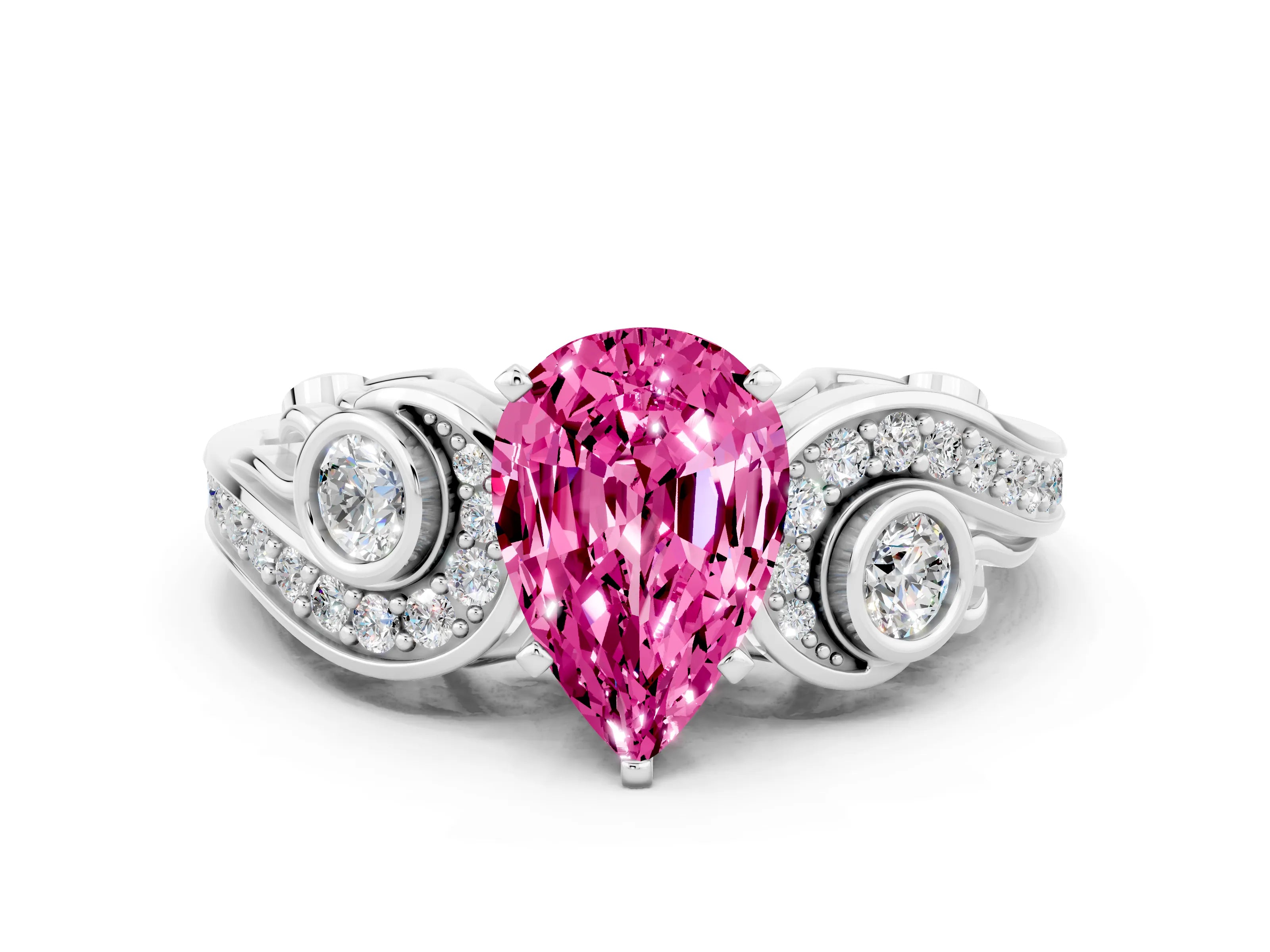 White gold Pear Cut Pink Sapphire Solitaire Ring with Milgrain Pavé Band and Four-Prong Setting_12