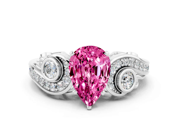 Platinum Pear Cut Pink Sapphire Solitaire Ring with Milgrain Pavé Band and Four-Prong Setting