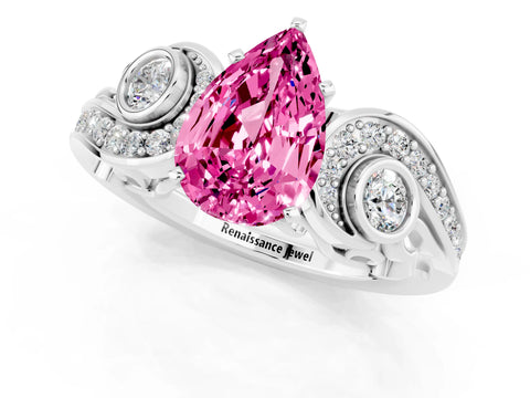 White gold Pear Cut Pink Sapphire Solitaire Ring with Milgrain Pavé Band and Four-Prong Setting_13