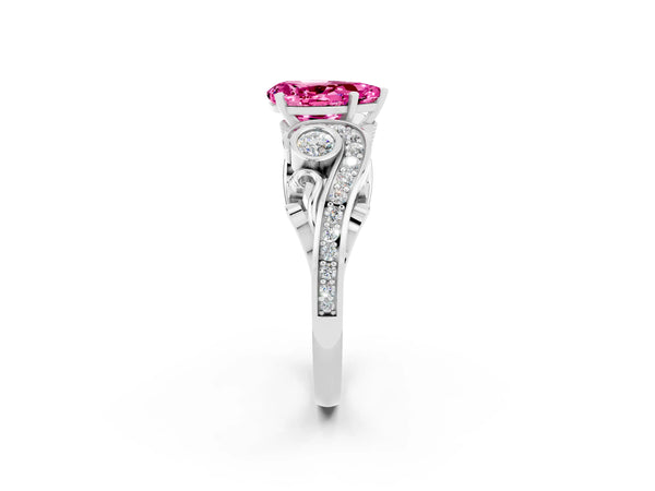 Platinum Pear Cut Pink Sapphire Solitaire Ring with Milgrain Pavé Band and Four-Prong Setting