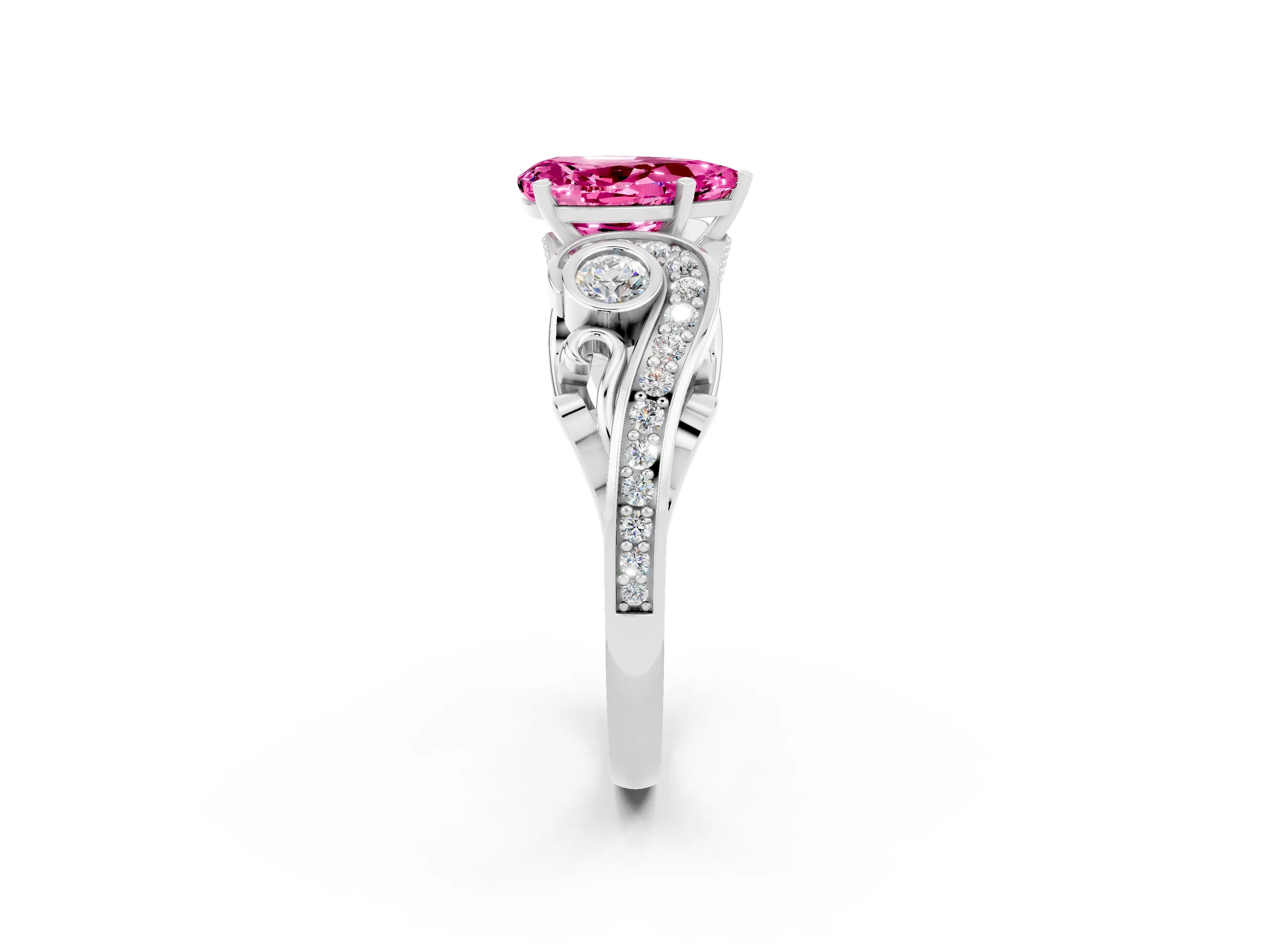 White gold Pear Cut Pink Sapphire Solitaire Ring with Milgrain Pavé Band and Four-Prong Setting_14