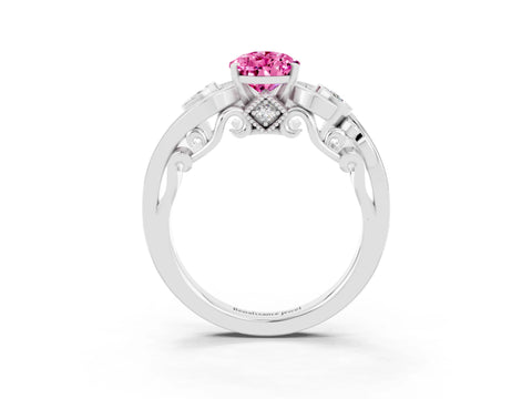White gold Pear Cut Pink Sapphire Solitaire Ring with Milgrain Pavé Band and Four-Prong Setting_15