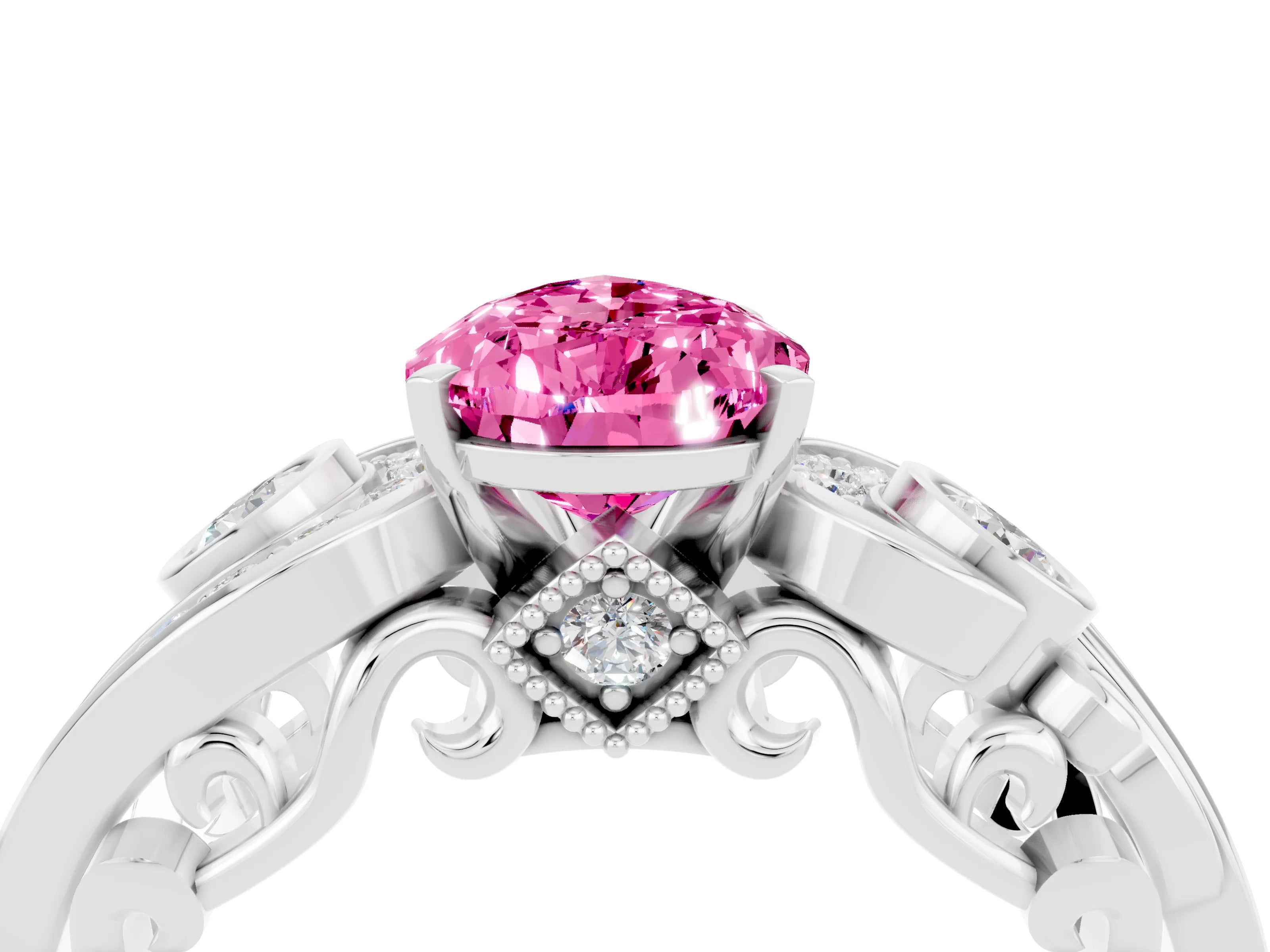 White gold Pear Cut Pink Sapphire Solitaire Ring with Milgrain Pavé Band and Four-Prong Setting_16