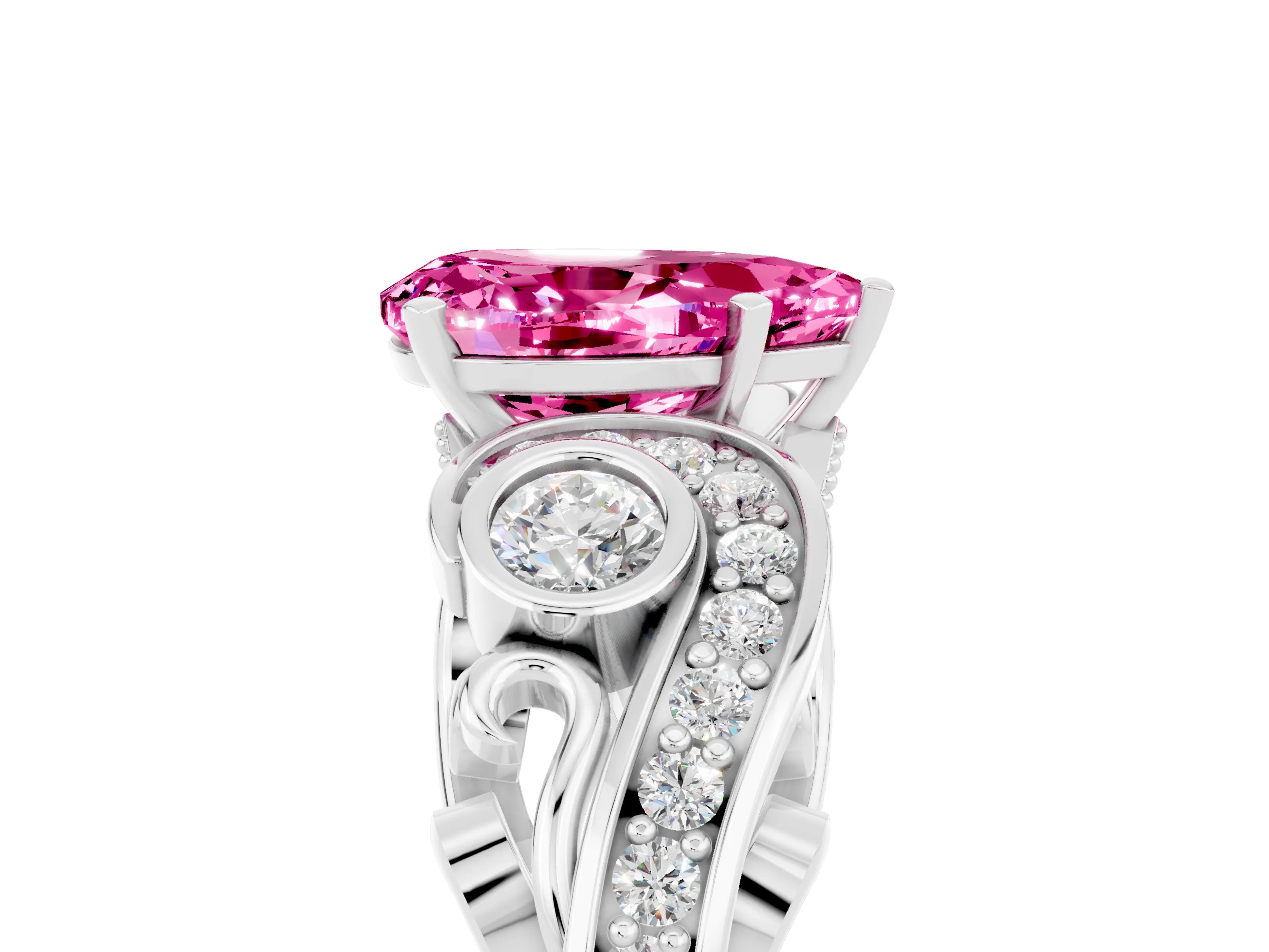 White gold Pear Cut Pink Sapphire Solitaire Ring with Milgrain Pavé Band and Four-Prong Setting_17