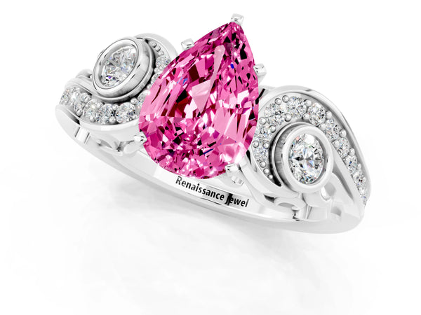White gold Pear Cut Pink Sapphire Solitaire Ring with Milgrain Pavé Band and Four-Prong Setting