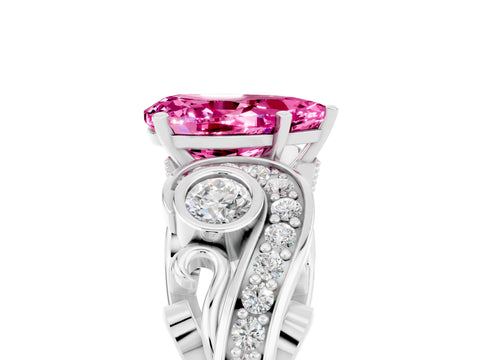 White gold Pear Cut Pink Sapphire Solitaire Ring with Milgrain Pavé Band and Four-Prong Setting_53