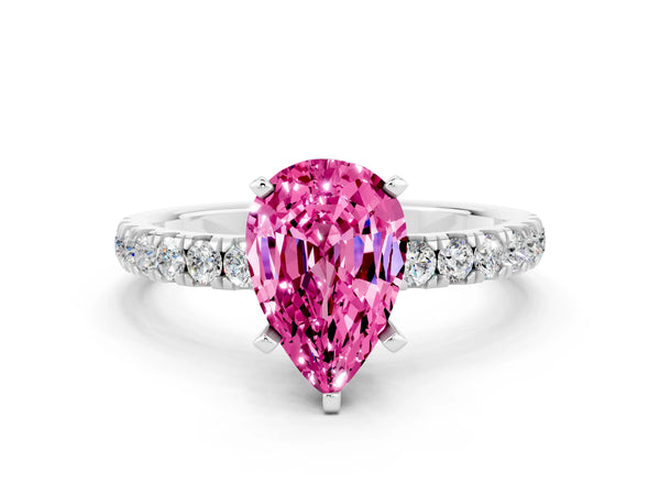 Platinum Pear Cut Pink Sapphire Solitaire Ring with Pavé Accents and Four-Prong Setting