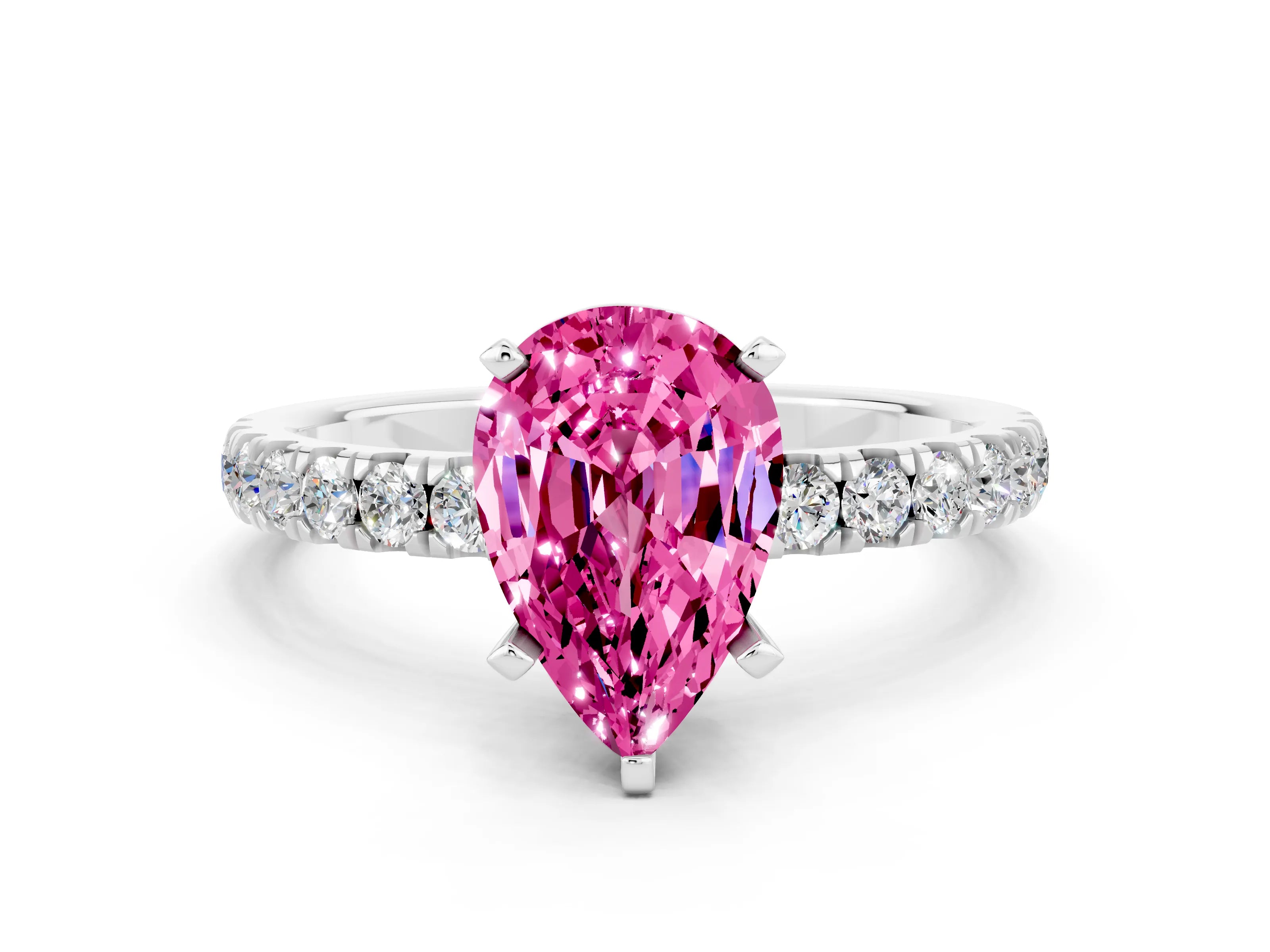 White gold Pear Cut Pink Sapphire Solitaire Ring with Pavé Accents and Four-Prong Setting_24
