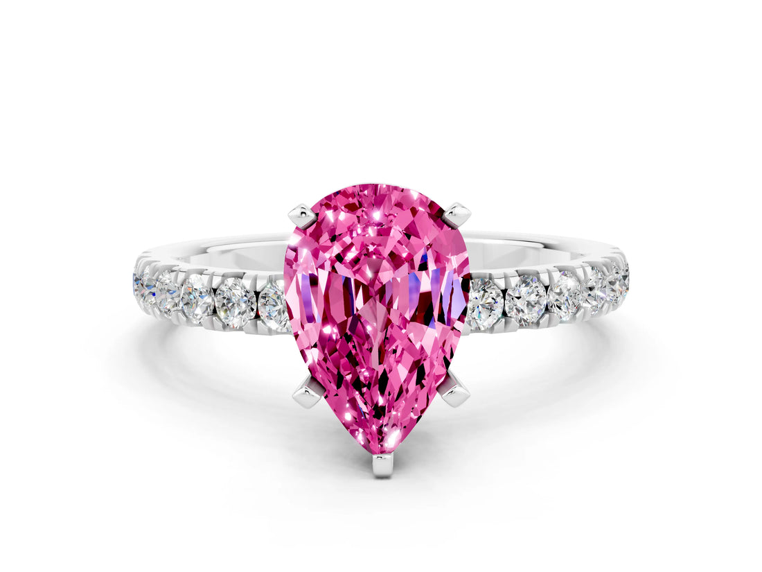 White gold Pear Cut Pink Sapphire Solitaire Ring with Pavé Accents and Four-Prong Setting_24