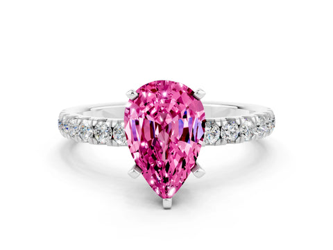 White gold Pear Cut Pink Sapphire Solitaire Ring with Pavé Accents and Four-Prong Setting_24