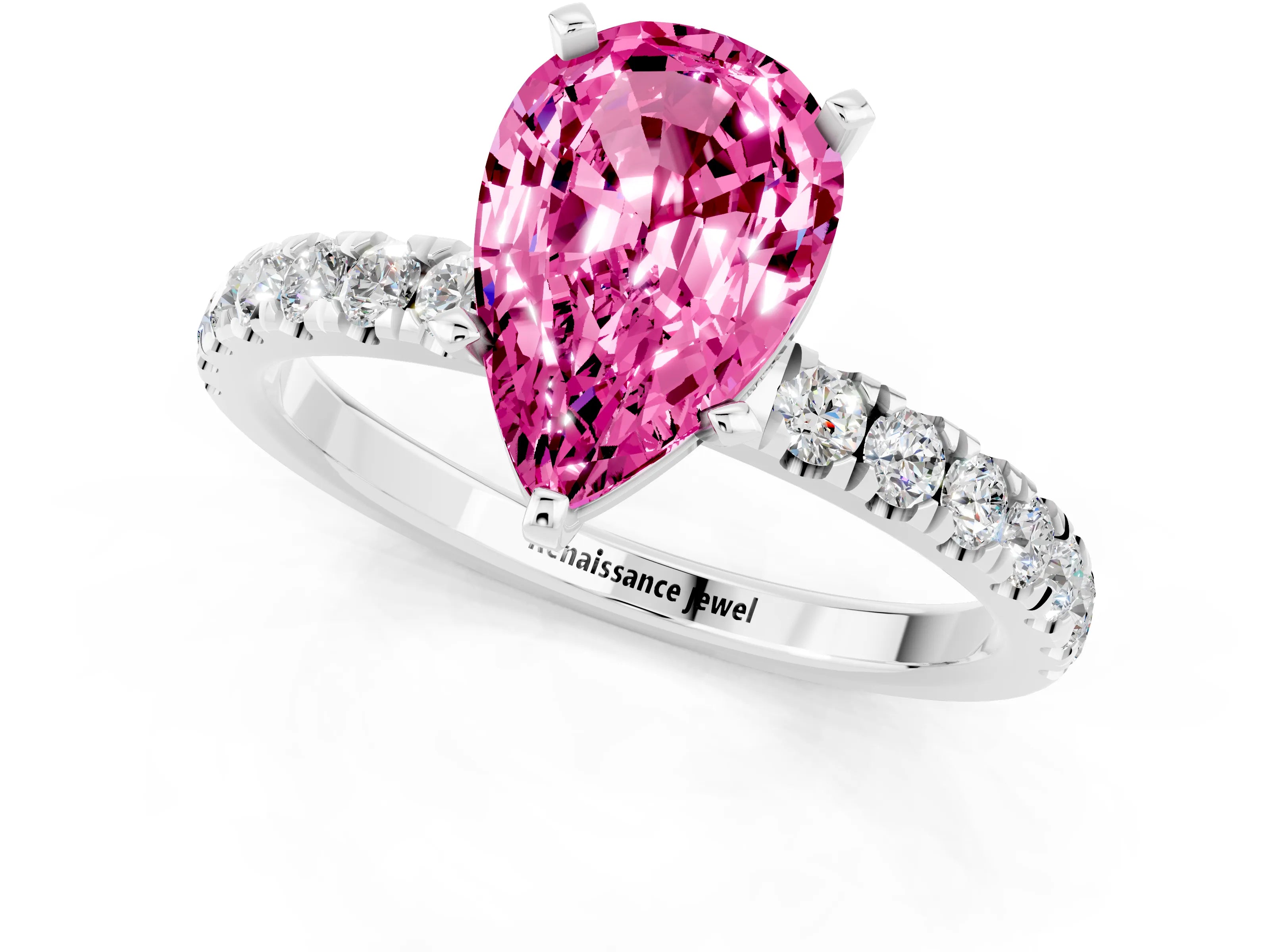White gold Pear Cut Pink Sapphire Solitaire Ring with Pavé Accents and Four-Prong Setting_25
