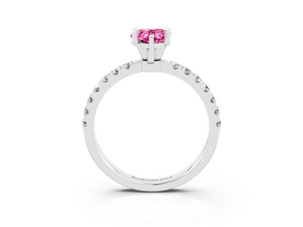 Platinum Pear Cut Pink Sapphire Solitaire Ring with Pavé Accents and Four-Prong Setting