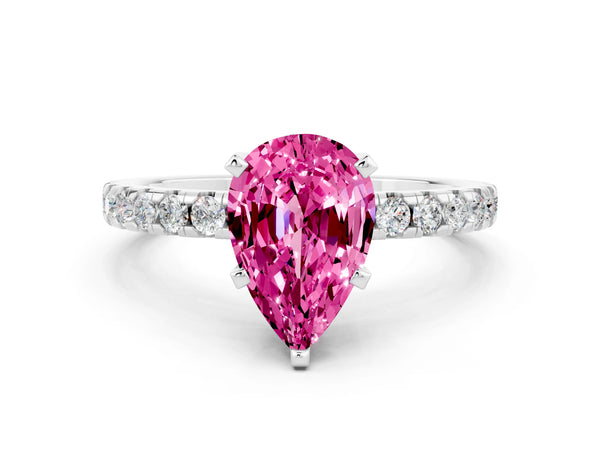 Silver Pear Cut Pink Sapphire Solitaire Ring with Round  Pavé Band and Four-Prong Setting