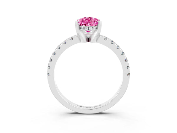 Platinum Pear Cut Pink Sapphire Solitaire Ring with Round  Pavé Band and Four-Prong Setting