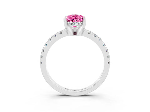 White gold Pear Cut Pink Sapphire Solitaire Ring with Pavé Band and Four-Prong Setting_63