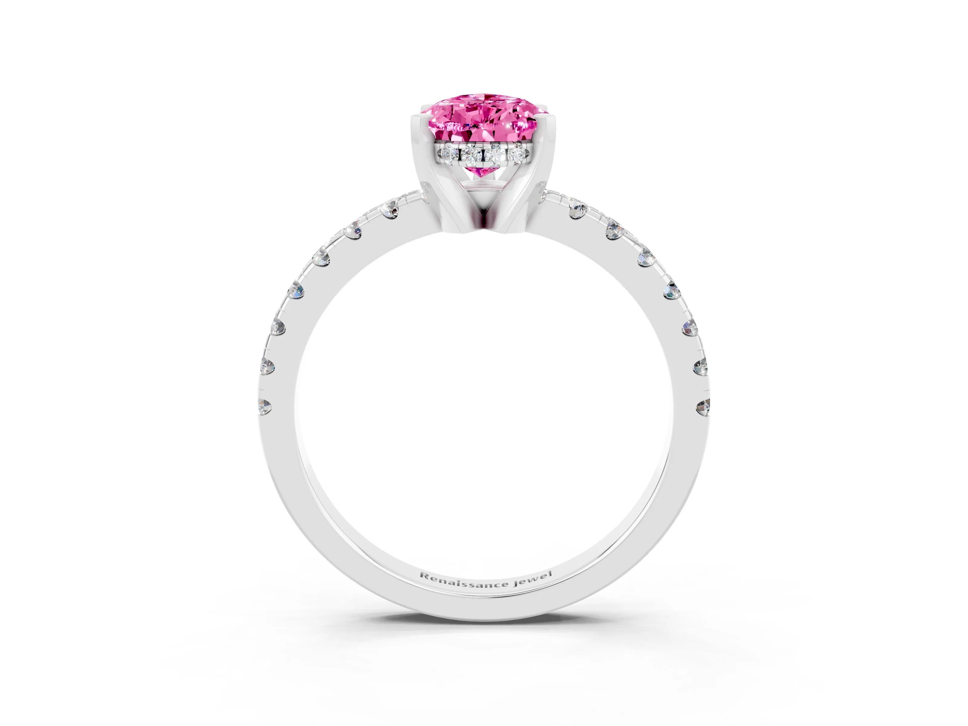 White gold Pear Cut Pink Sapphire Solitaire Ring with Pavé Band and Four-Prong Setting_63