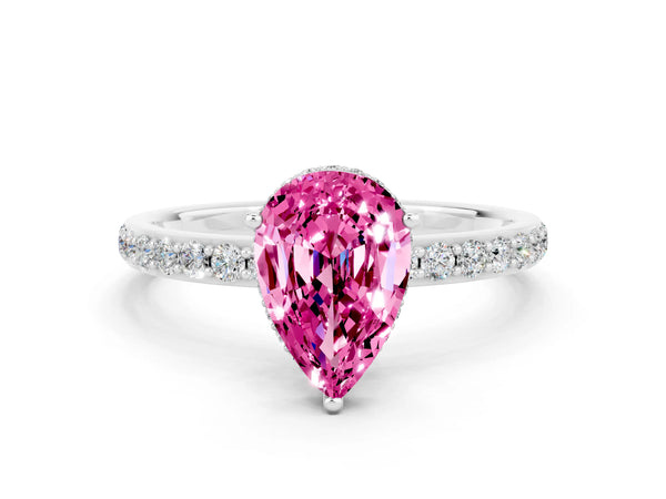 Platinum Pear Cut Pink Sapphire Solitaire Ring with Pavé Band and Hidden Halo