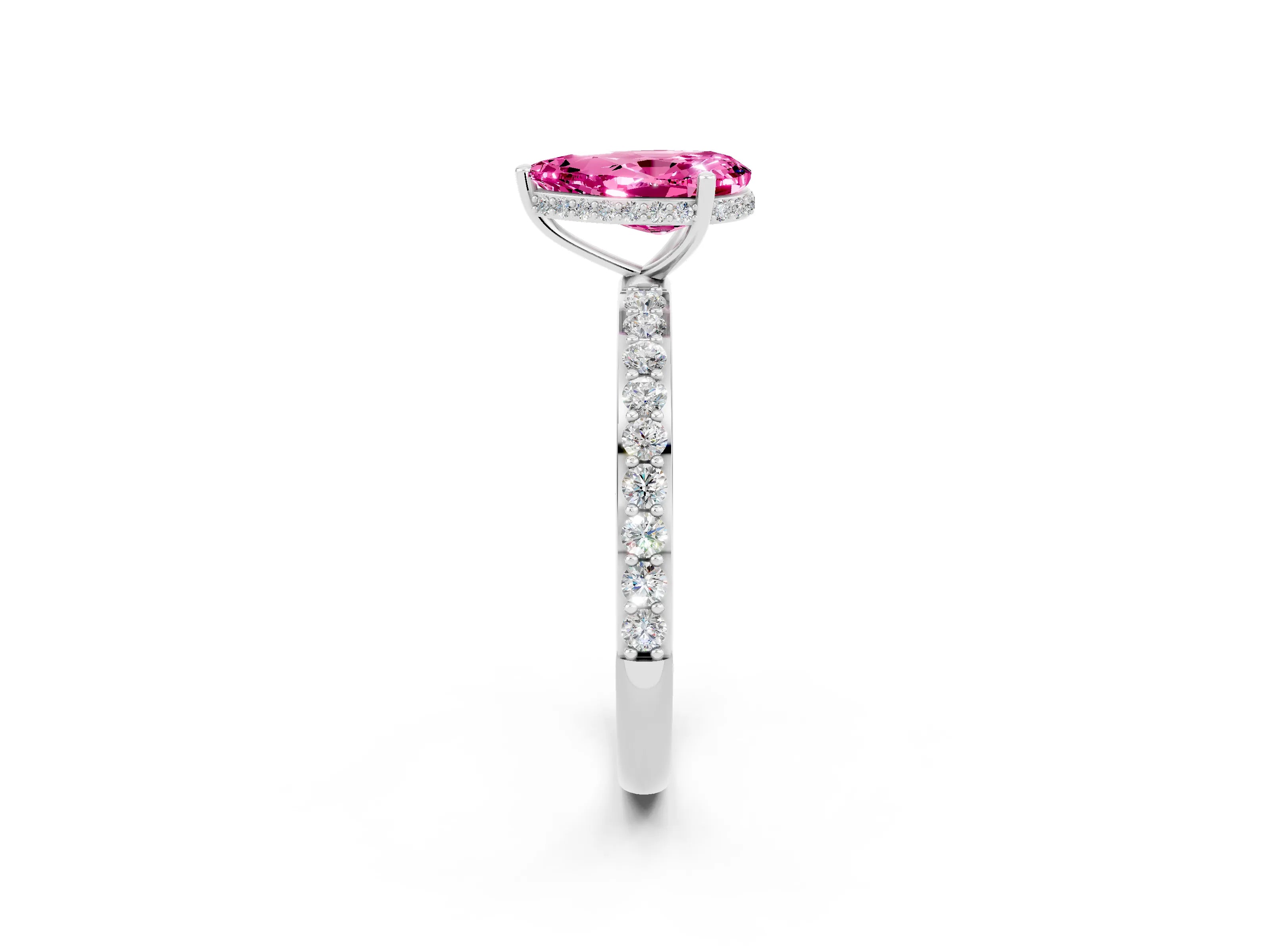 White gold Pear Cut Pink Sapphire Solitaire Ring with Pavé Band and Hidden Halo_2