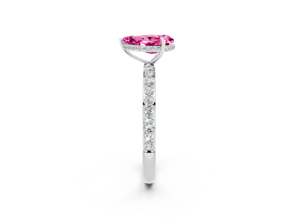 Platinum Pear Cut Pink Sapphire Solitaire Ring with Pavé Band and Hidden Halo