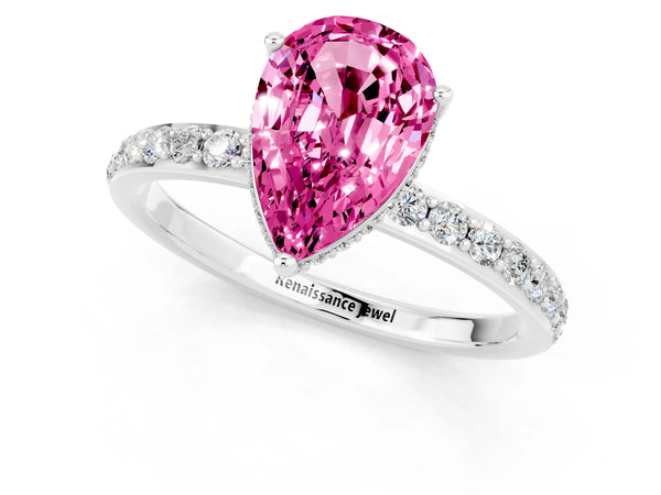 White gold Pear Cut Pink Sapphire Solitaire Ring with Pavé Band and Hidden Halo