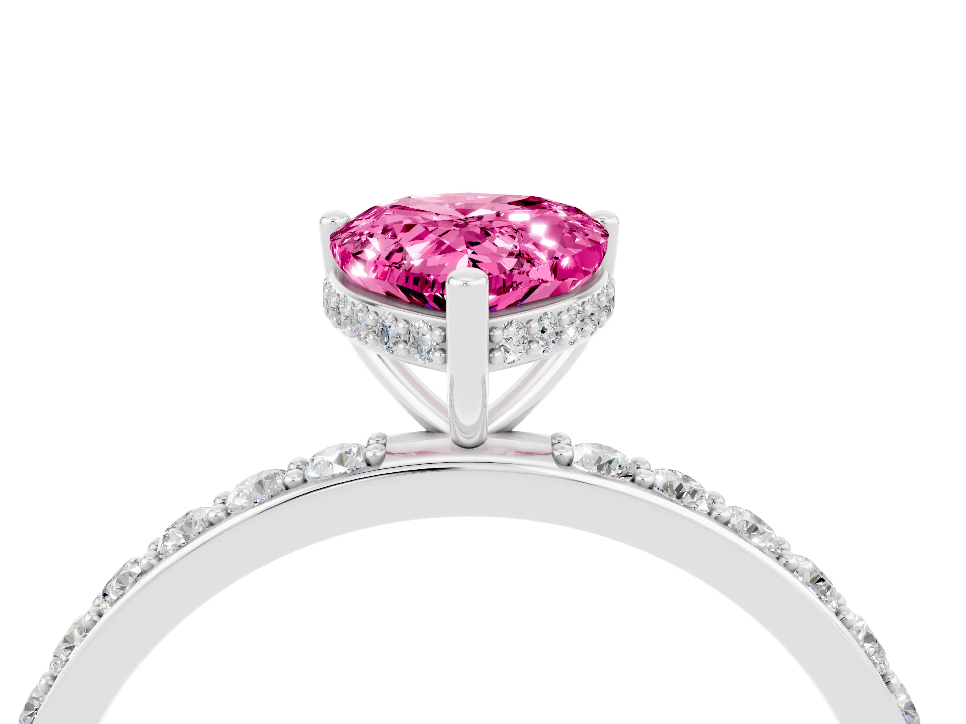 White gold Pear Cut Pink Sapphire Solitaire Ring with Pavé Band and Hidden Halo_28