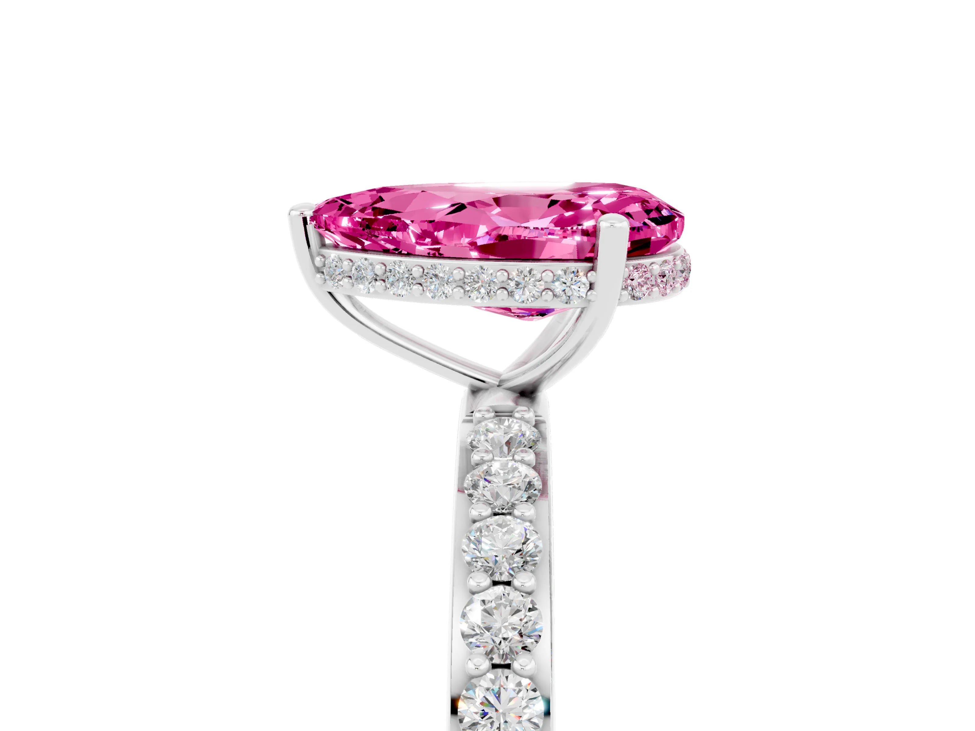 White gold Pear Cut Pink Sapphire Solitaire Ring with Pavé Band and Hidden Halo_29
