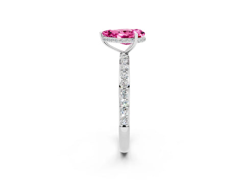 White gold Pear Cut Pink Sapphire Solitaire Ring with Pavé Band and Hidden Halo_2