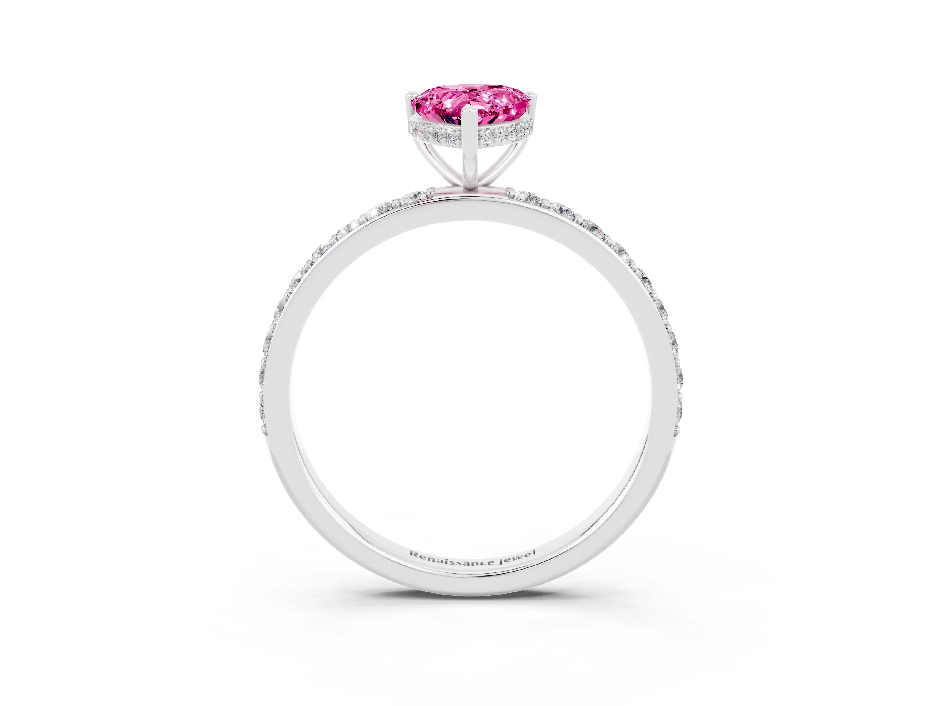 White gold Pear Cut Pink Sapphire Solitaire Ring with Pavé Band and Hidden Halo_3