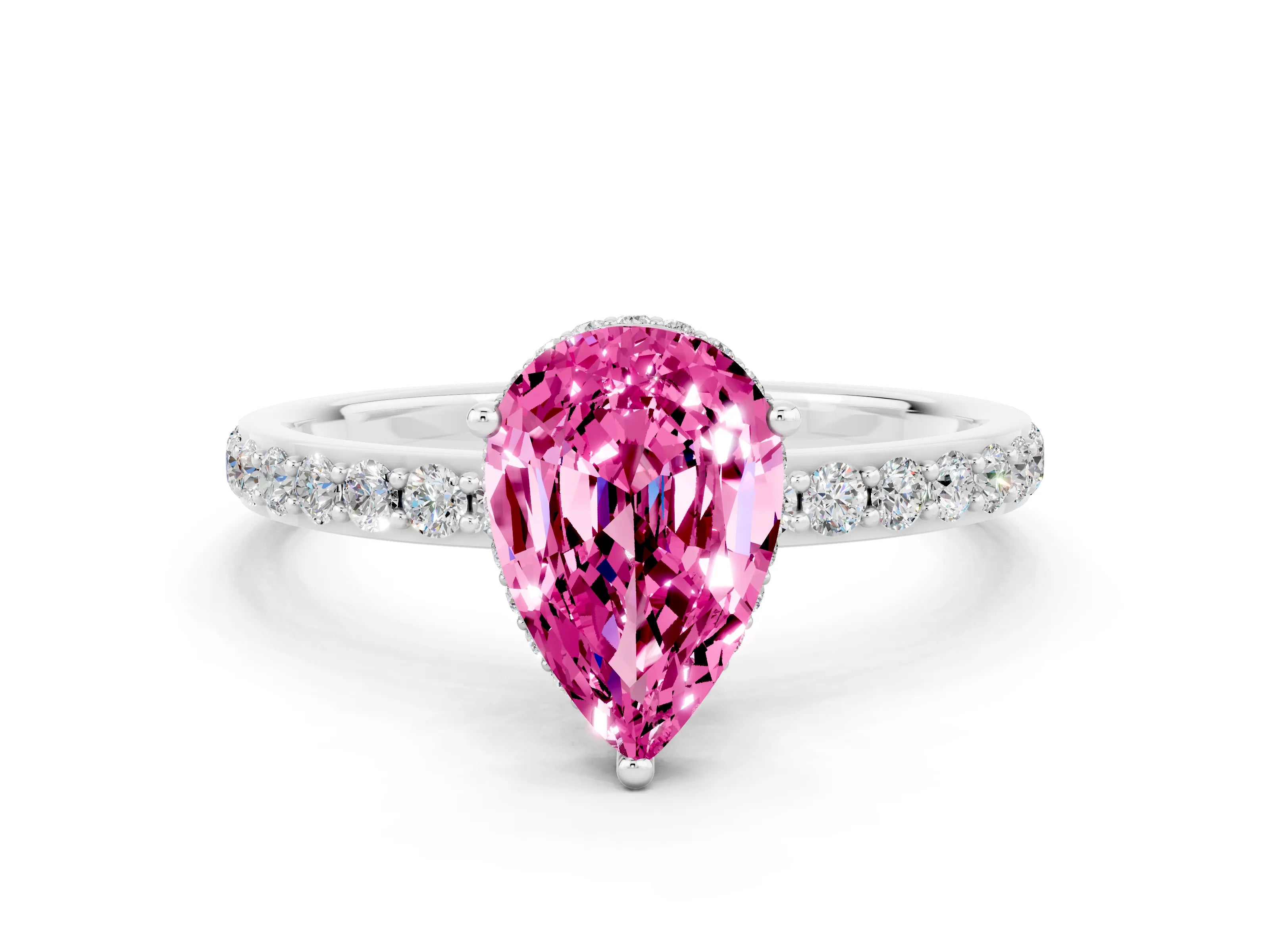 White gold Pear Cut Pink Sapphire Solitaire Ring with Pavé Band and Hidden Halo