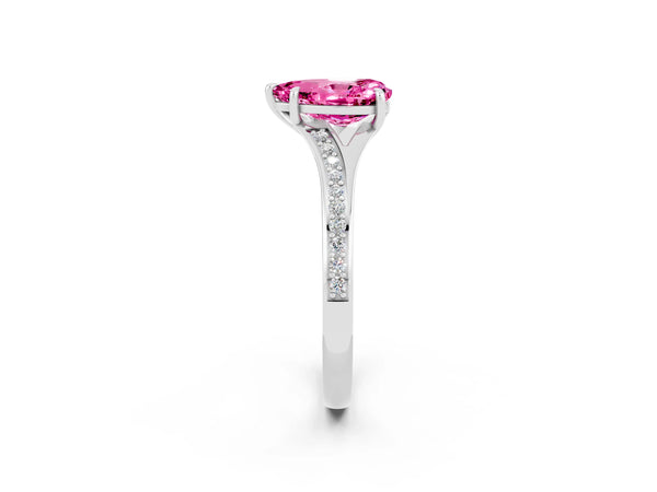 Silver Pear Cut Pink Sapphire Solitaire Ring with Pavé Band and Prong Setting