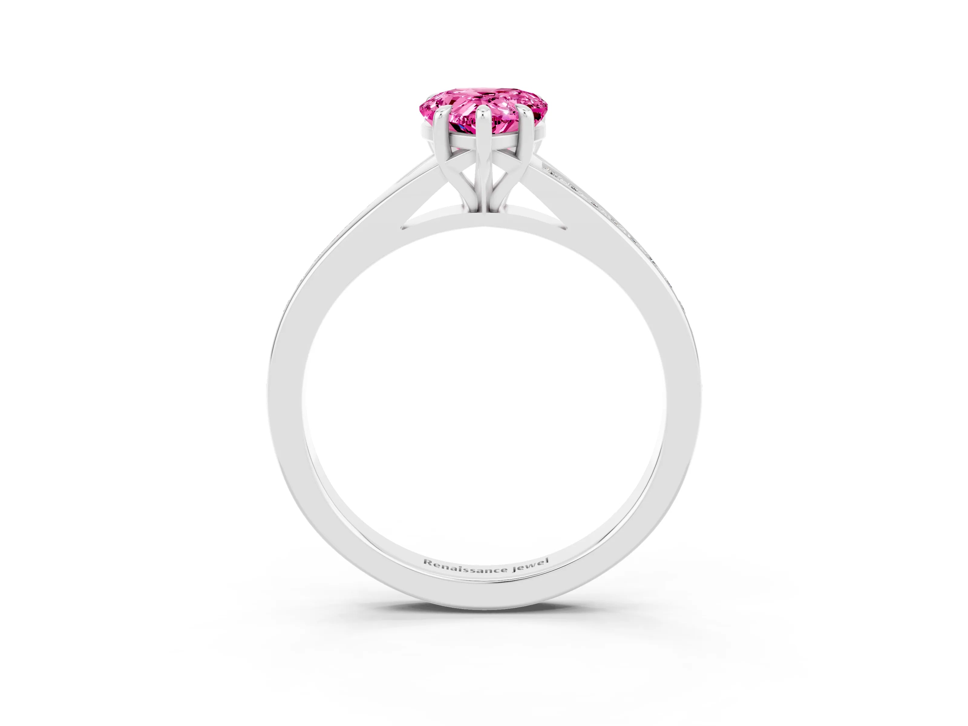 White gold Pear Cut Pink Sapphire Solitaire Ring with Pavé Band and Prong Setting_3