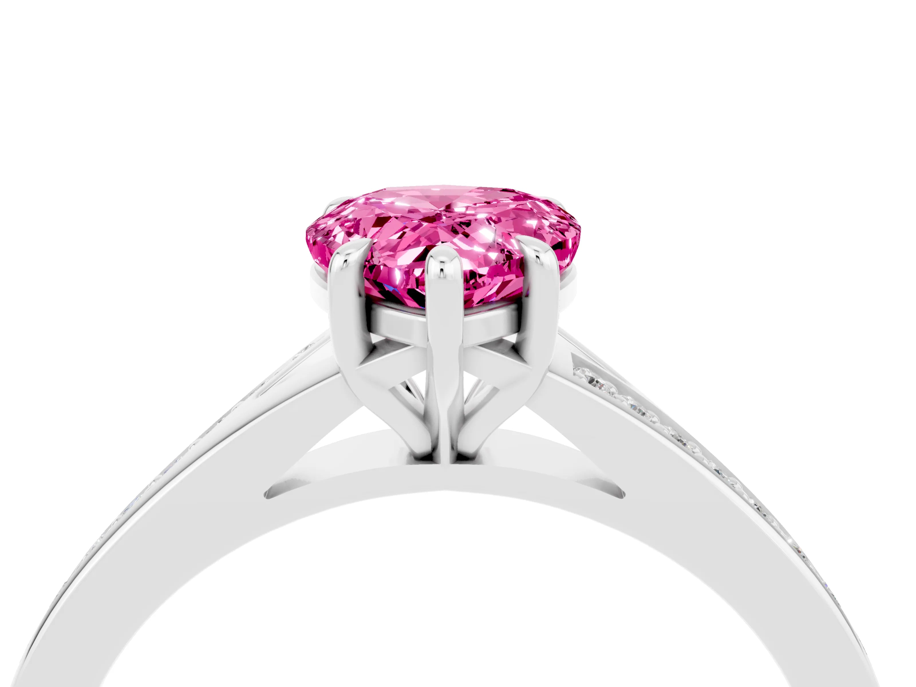 White gold Pear Cut Pink Sapphire Solitaire Ring with Pavé Band and Prong Setting_4