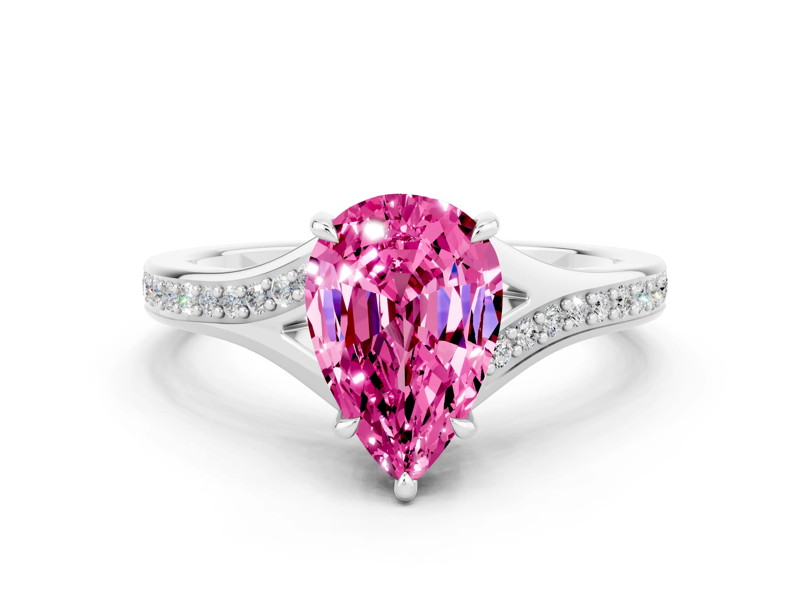 White gold Pear Cut Pink Sapphire Solitaire Ring with Pavé Band and Prong Setting