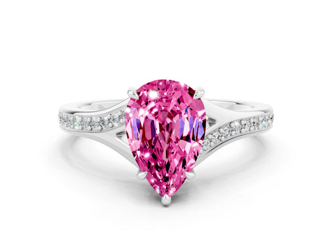 White gold Pear Cut Pink Sapphire Solitaire Ring with Pavé Band and Prong Setting