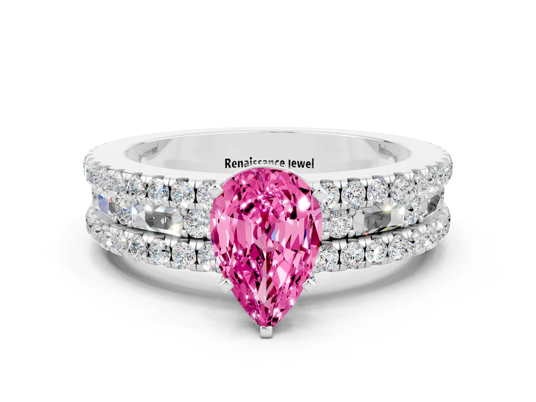 White gold Pear Cut Pink Sapphire Solitaire Ring with Pavé and Channel Set Band_24