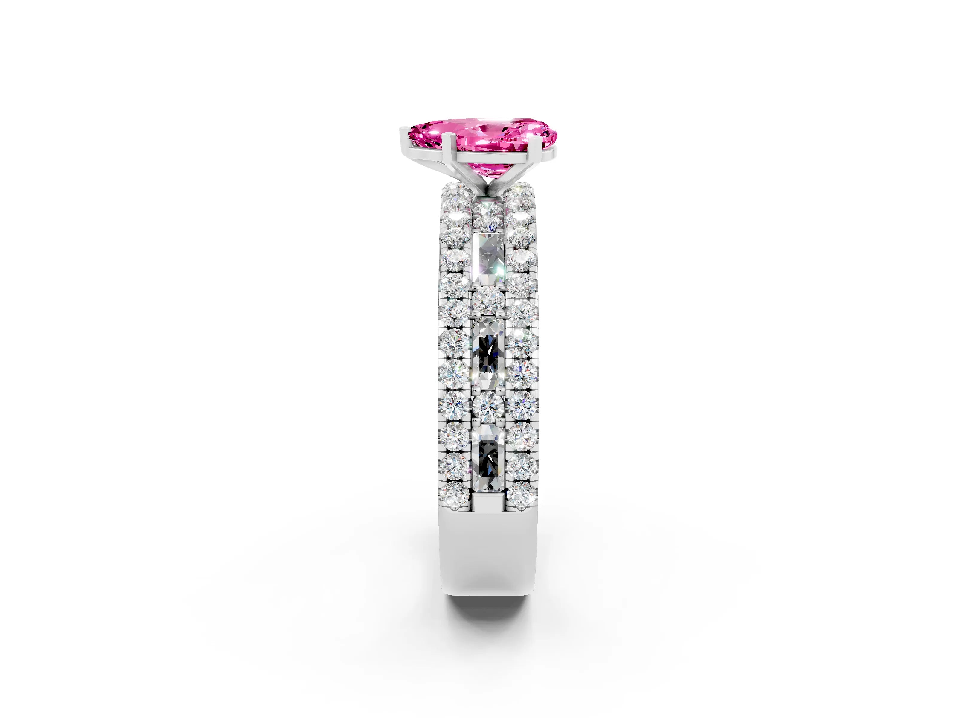White gold Pear Cut Pink Sapphire Solitaire Ring with Pavé and Channel Set Band_26