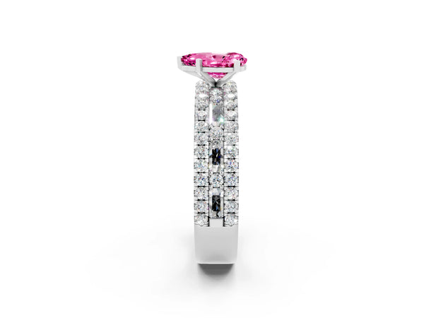 Silver Pear Cut Pink Sapphire Solitaire Ring with Pavé and Channel Set Band