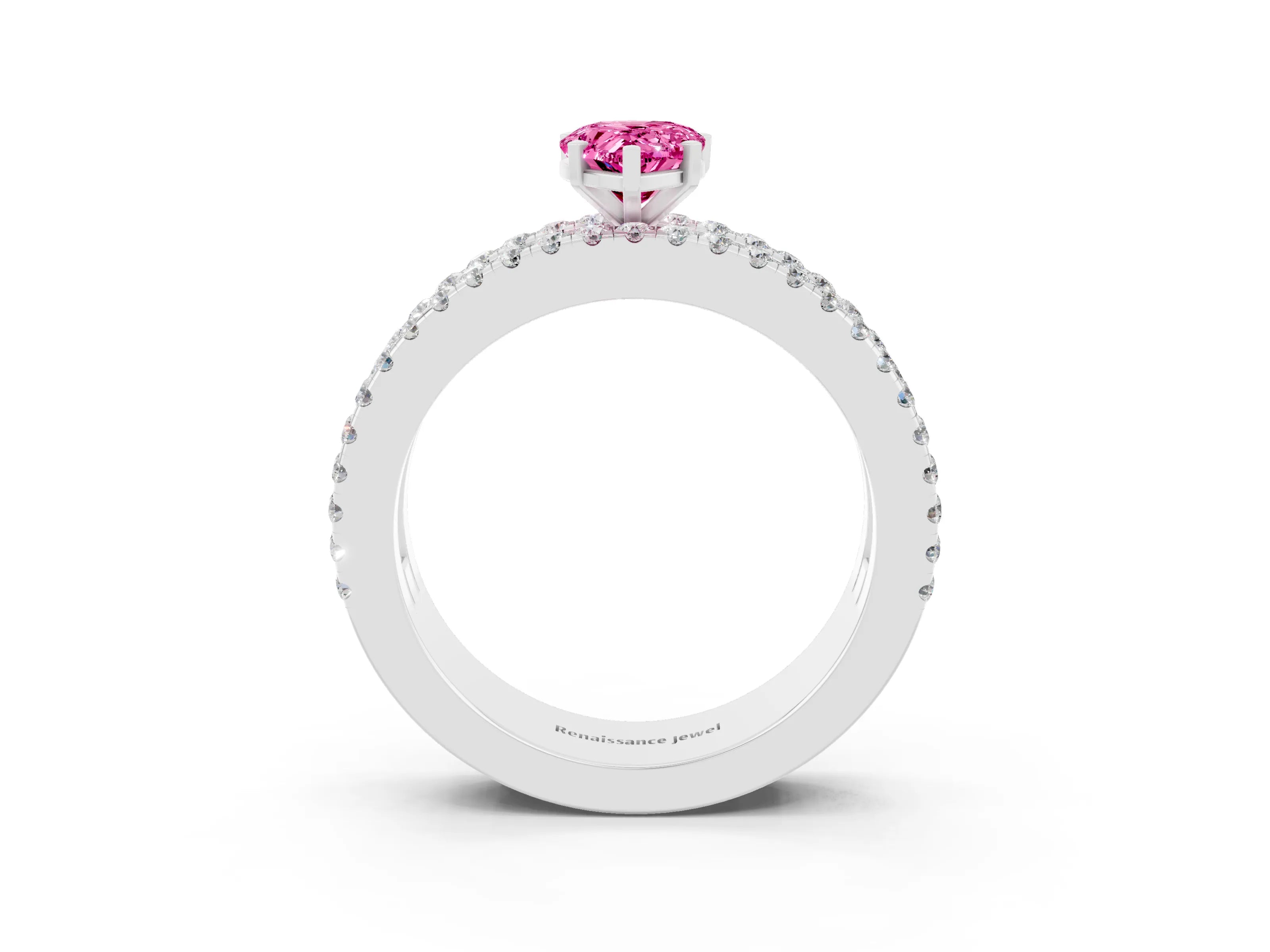 White gold Pear Cut Pink Sapphire Solitaire Ring with Pavé and Channel Set Band_27