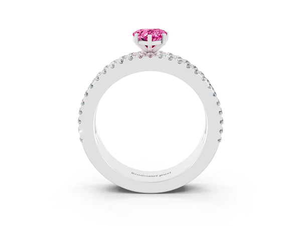 Platinum Pear Cut Pink Sapphire Solitaire Ring with Pavé and Channel Set Band