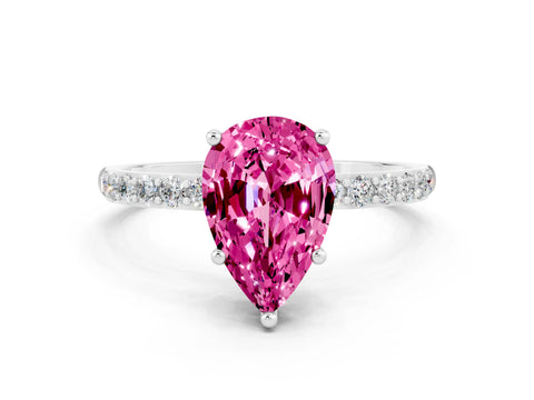 White gold Pear Cut Pink Sapphire Solitaire Ring with Pave Band and Four Prong Setting_48