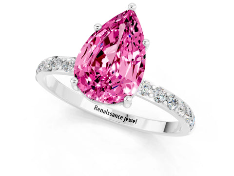 White gold Pear Cut Pink Sapphire Solitaire Ring with Pave Band and Four Prong Setting_49