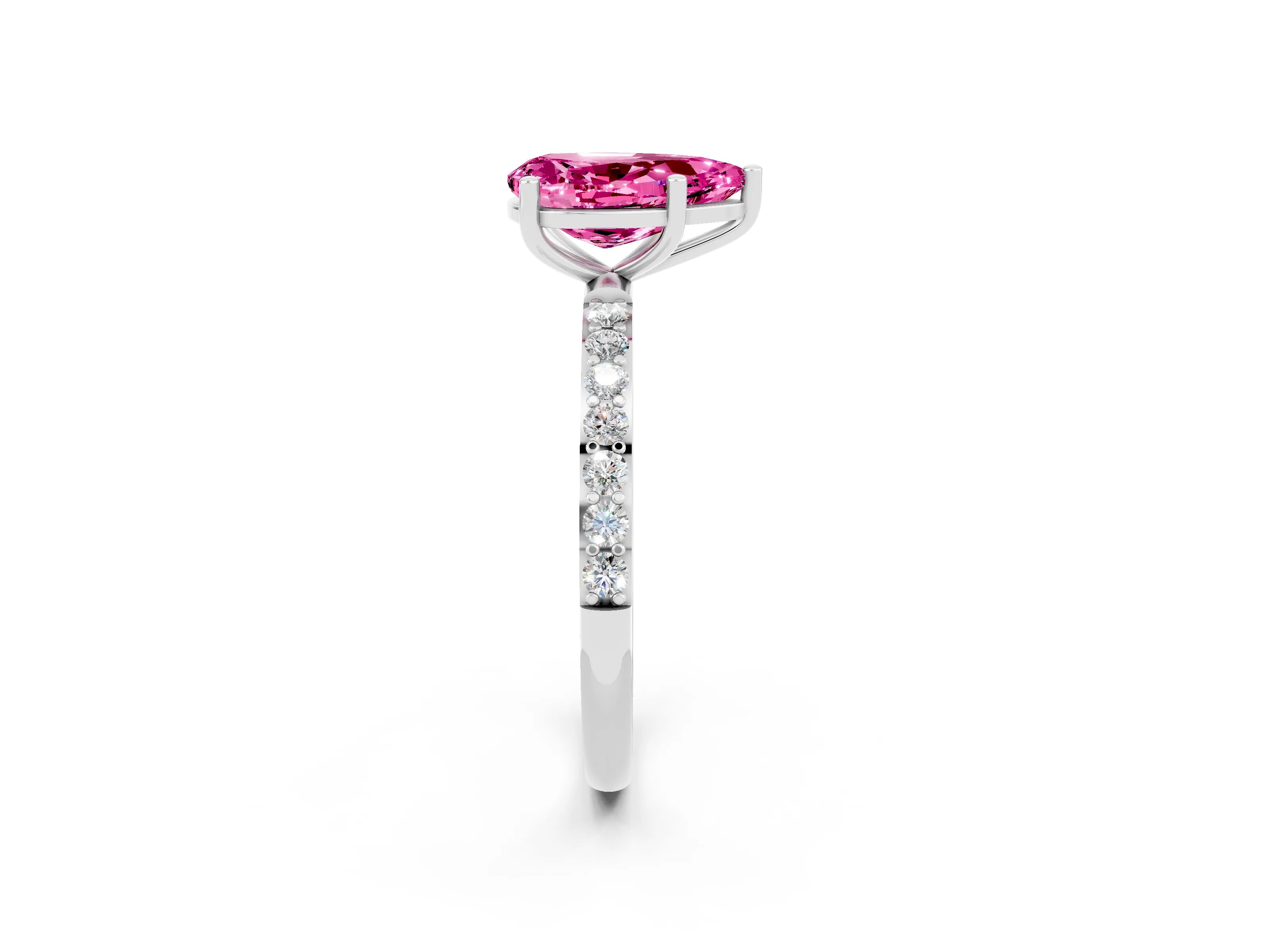 White gold Pear Cut Pink Sapphire Solitaire Ring with Pave Band and Four Prong Setting_50