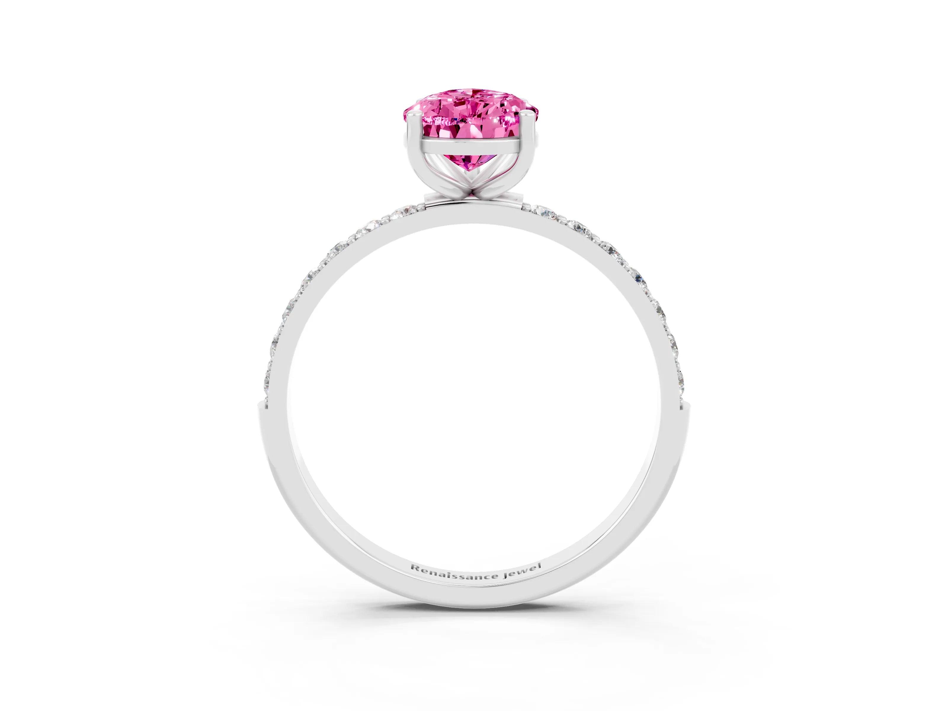 White gold Pear Cut Pink Sapphire Solitaire Ring with Pave Band and Four Prong Setting_51