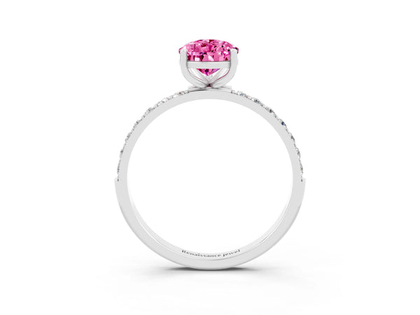 White gold Pear Cut Pink Sapphire Solitaire Ring with Round  Pavé Band and Prong Setting